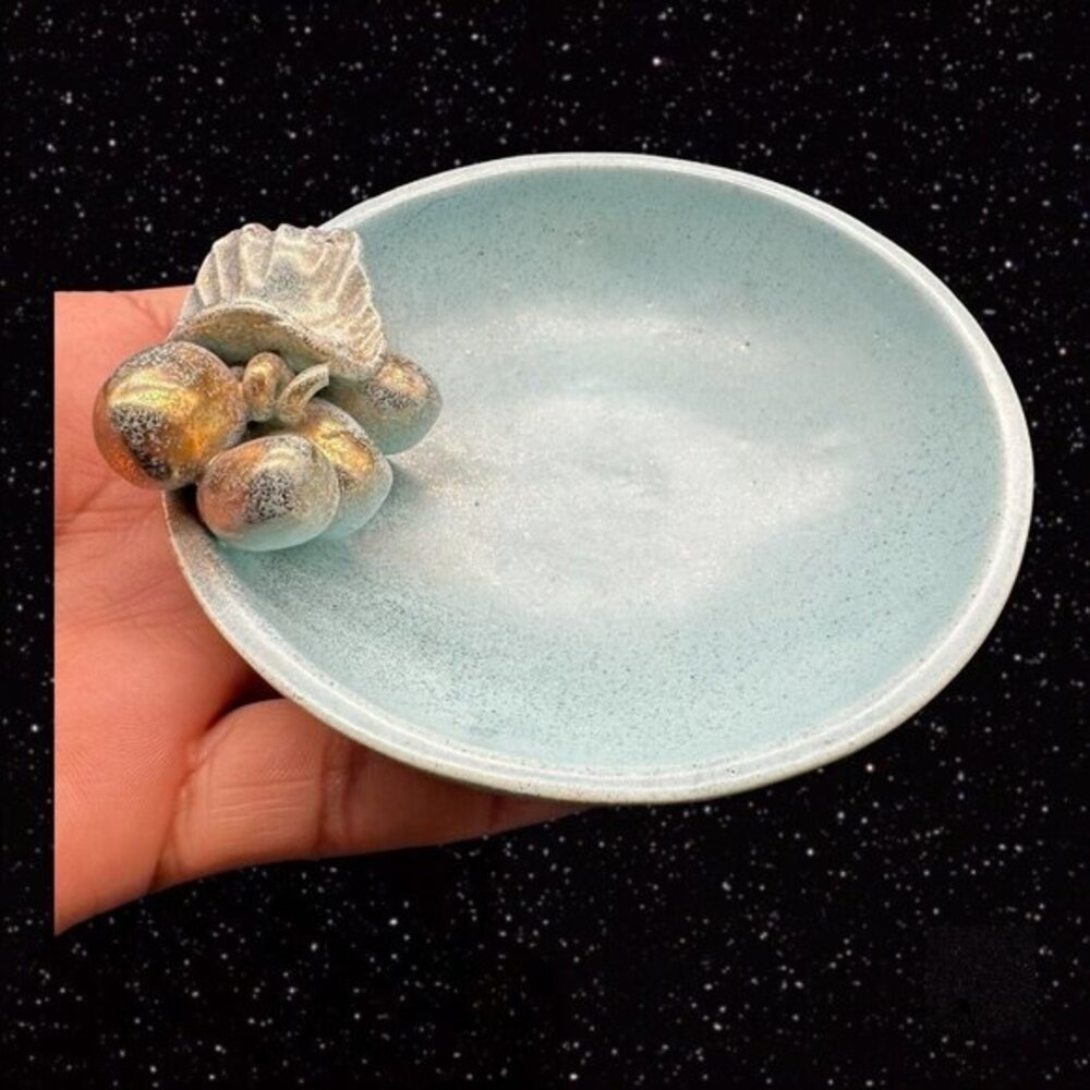 Mid Century Blue Brushed Gold Dish‎ Pottery Vintage Hand Made 1.5”T 4”W